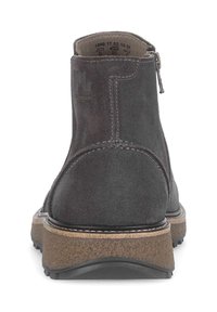 Grijze suède enkellaarsjes met een gladde textuur, gestikte details, een chunky bruine zool en een ritssluiting aan de zijkant.