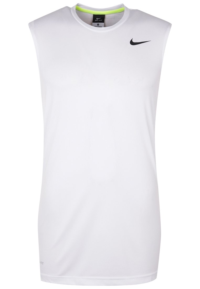 Haut de sport blanc sans manches avec un col rond, un logo Nike noir, et un accent vert à l'intérieur du col. Fabriqué en tissu à évacuation de l'humidité.