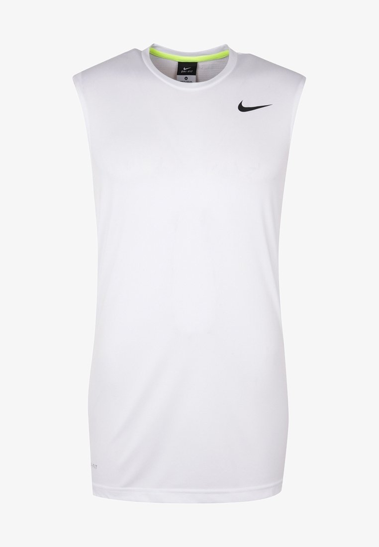 Haut de sport blanc sans manches avec un col rond, un logo Nike noir, et un accent vert à l'intérieur du col. Fabriqué en tissu à évacuation de l'humidité.