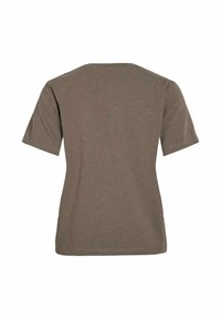 T-shirt marron à manches courtes avec col rond. Fabriqué en tissu doux, il présente un design simple et une texture lisse. La vue de dos ne montre aucun détail supplémentaire.