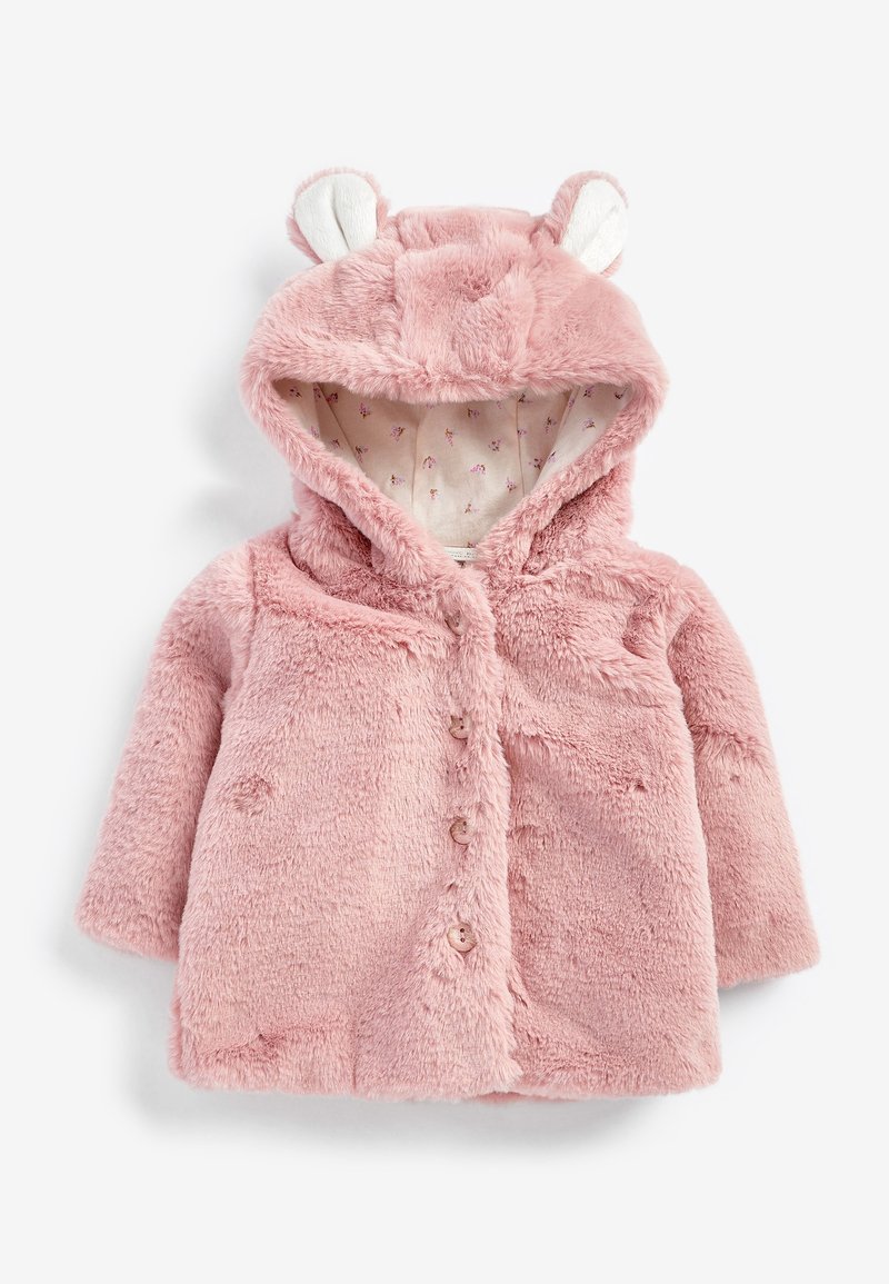 Manteau rose pâle pour tout-petit avec capuche en tissu peluche, fermeture par boutons, et oreilles blanches à l'intérieur de la capuche avec doublure florale.