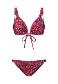 Sarkans un violets paisleja raksta bikini ar trīsstūrveida augšdaļām, regulējamām siksnām un aukliņu aizdari; iekļauts saskaņots zema vidukļa bikini apakšdaļa.