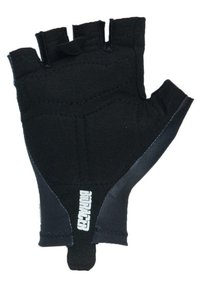 Zwarte halvevinger fietshandschoen met textuur voor grip, gevoerde palm en versterkte stiksels; uitgerust met een verstelbare sluiting voor een veilige pasvorm.