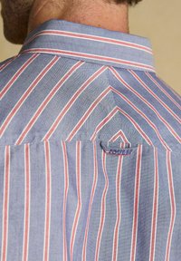 Vyras, vilkintis mėlyną marškinį su raudonomis ir baltomis vertikaliomis juostelėmis, parodantis nugaros apykaklės zoną ir audinio kilpą.