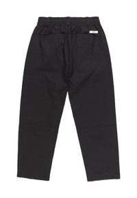 Zwarte stretchbroek met een elastische tailleband, twee achterzakken en een naadloos ontwerp. Zachte stof met een gladde textuur.