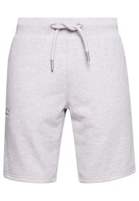 Pantalones cortos casuales de color gris claro con cintura elástica y cordón, con bordado sutil del logo en el muslo izquierdo.