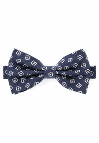 Granatowy muszka z wzorzystego jedwabiu, zdobiona diamentowymi kształtami w białym i jasnofioletowym kolorze. Teksturalny wzór o klasycznym kształcie.