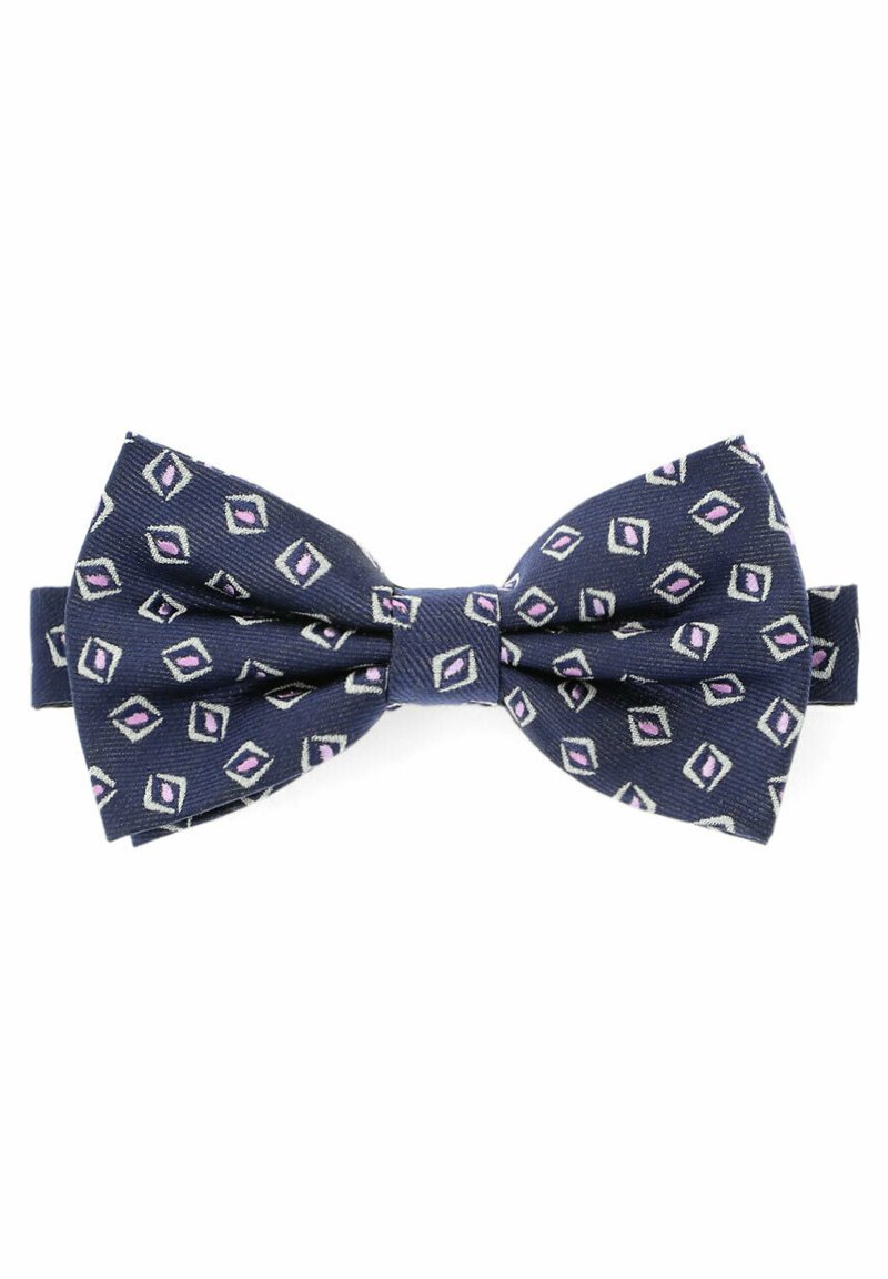 Granatowy muszka z wzorzystego jedwabiu, zdobiona diamentowymi kształtami w białym i jasnofioletowym kolorze. Teksturalny wzór o klasycznym kształcie.