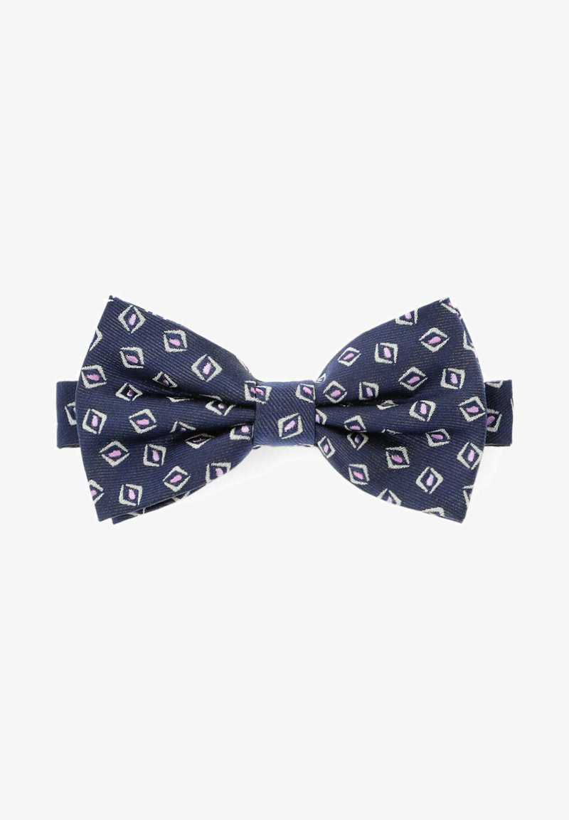 Granatowy muszka z wzorzystego jedwabiu, zdobiona diamentowymi kształtami w białym i jasnofioletowym kolorze. Teksturalny wzór o klasycznym kształcie.