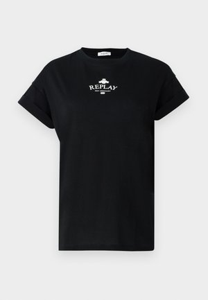Black cotton t-shirt with a crew neck and rolled short sleeves. Features white "REPLAY NOT ORDINARY" logo on the front.