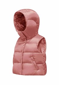 Gilet senza maniche imbottito rosa con cappuccio, caratterizzato da un design trapuntato e da una morbida texture lucida. Include una tasca laterale per riporre gli oggetti.