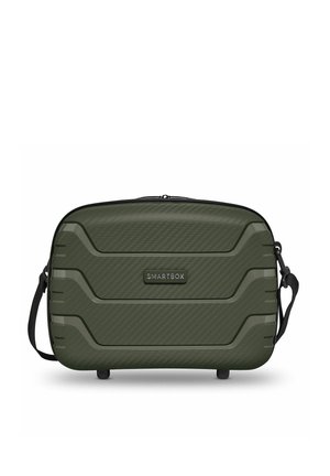 Olijfgroene rechthoekige hardcase schoudertas met gestructureerd oppervlak, zwarte verstelbare riem en SMARTBOX-logo aan de voorkant.