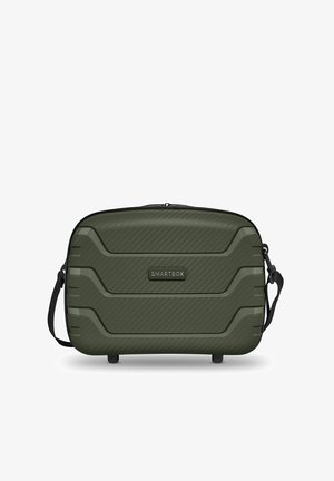 Olivgrüne rechteckige Schultertasche mit Hartschale und strukturierter Oberfläche, schwarzem verstellbarem Riemen und SMARTBOX-Logo auf der Vorderseite.