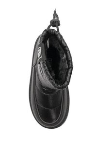 Stivaletto nero con texture trapuntata, punta rotonda e interno morbido foderato in pelliccia. Presenta una chiusura con cordoncino e dettagli cuciti.