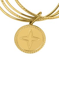 Gold bracelet with multiple twisted wire strands, featuring a circular charm embossed with a symmetrical star design and a rope-textured border.