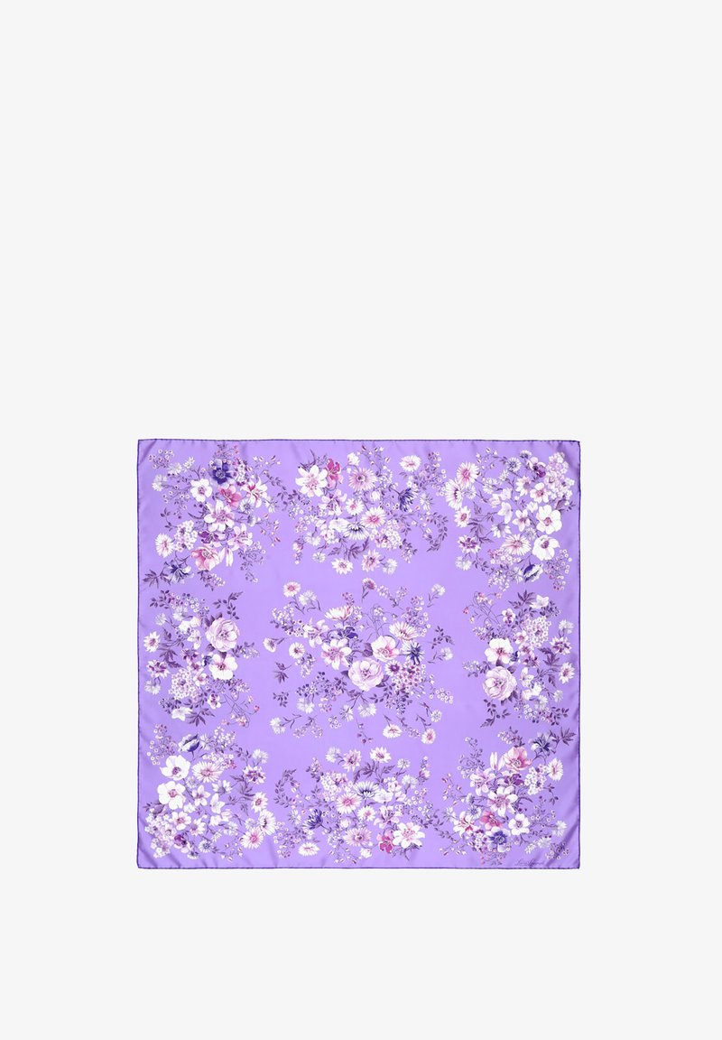 Foulard en soie violet avec un motif floral composé de fleurs roses, blanches et lavande sur une surface lisse et brillante. Forme carrée.