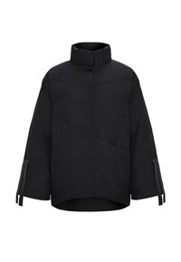 Giacca a vento nera imbottita con colletto alto, forma squadrata, maniche ampie e motivi a rombi diagonali. Include tasche laterali e dettagli a contrasto.