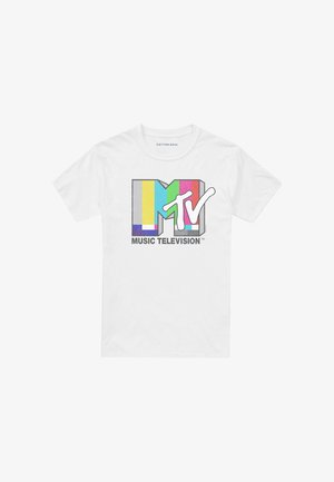 White cotton T-shirt featuring the MTV logo in multicolored bars and dark text reading "MUSIC TELEVISION" below. Regular fit, short sleeves.