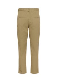 Lysebrune bukser med lige ben, elastik i taljen og to baglommer med paspoler, vist bagfra på hvid baggrund.