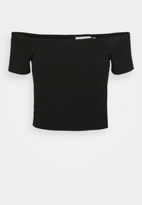 Musta ribbed off-the-shoulder crop toppi, jossa on lyhyet hihat. Sileä pinta, istuva muotoilu ja siisti, minimalistinen estetiikka.