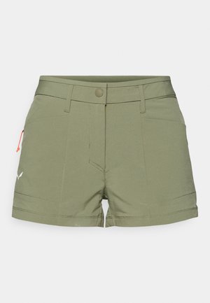 Ελαιόλαδο χρώματος σορτς κατασκευασμένα από ελαφρύ ύφασμα. Διαθέτουν μέση πορτοκαλί με κουμπί, μπροστινές τσέπες και μια πλαϊνή τσέπη με κόκκινη κορδέλα. Απλή ραφή.