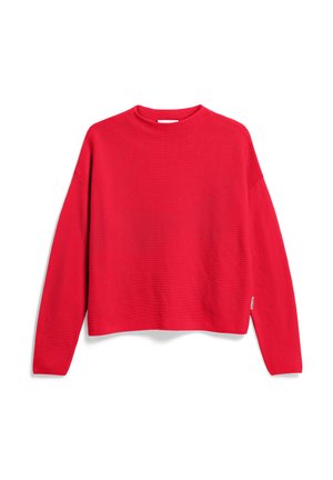 Roter, kurz geschnittener Pullover mit einer gerippten Struktur, rundem Ausschnitt und langen Ärmeln. Einfaches Design ohne sichtbare Muster oder Verzierungen.