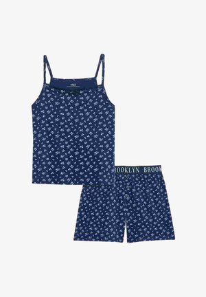 Navyblauw tanktop en shorts set met wit bloemenpatroon. De tanktop heeft dunne bandjes; de shorts hebben een elastische tailleband met "BROOKLYN" detail.