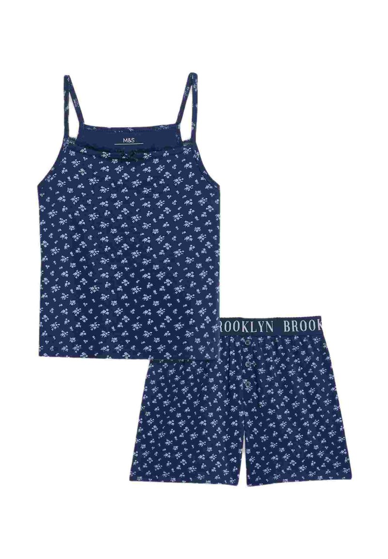 Granatowy zestaw topu na ramiączkach i szortów z białym wzorem kwiatowym. Top ma cienkie ramiączka; szorty mają elastyczny pas z detalem "BROOKLYN".