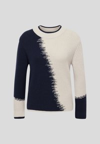 Strickpullover in Marineblau und Creme, mit einem Gradienten-Design, Rundhals und langen Ärmeln mit gerippten Bündchen und Saum.