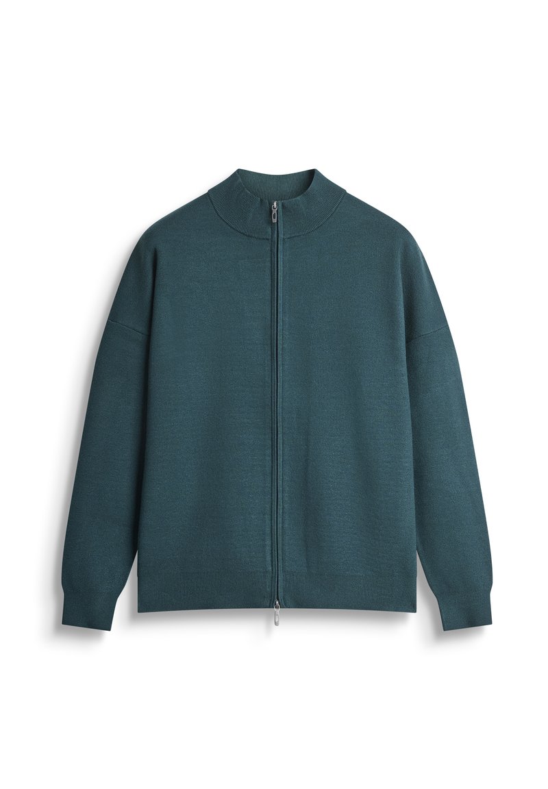 Maglione zip-up in teal con colletto alto, vestibilità rilassata e polsini a costine. Realizzato in materiale morbido, con zip centrale.