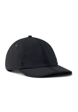 Black six-panel baseball cap with curved brim, stitched detailing, and small metal eyelets on side panels.