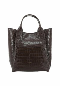 Sac fourre-tout en cuir brun à motif crocodile avec poignées doubles, forme structurée et texture lisse. Présente un accent logo subtil à l'avant.