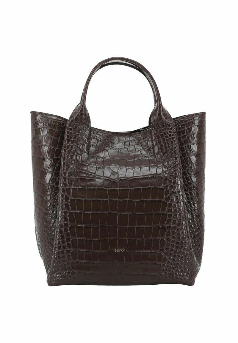 Sac fourre-tout en cuir brun à motif crocodile avec poignées doubles, forme structurée et texture lisse. Présente un accent logo subtil à l'avant.