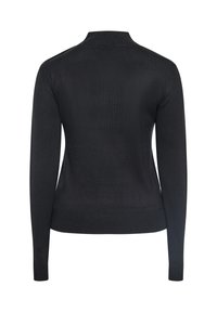 Schwarzer gestrickter Pullover mit langen Ärmeln, hohem Kragen und gerippten Bündchen. Der Stoff hat eine glatte Textur und ein tailliertes Design.