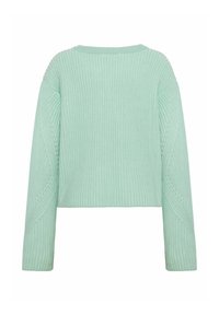 Mintgrüner, kurzer Pullover mit gerippter Textur, langen Ärmeln und diagonalen Strickakzenten an den Ärmeln. Rundhalsausschnitt und lässige Passform.