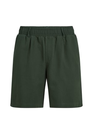 Sötétzöld rövidnadrág gumis derékrésszel, redős elejű és oldalzsebes. Simogató anyagból készült, szabott szabással és szegéllyel.