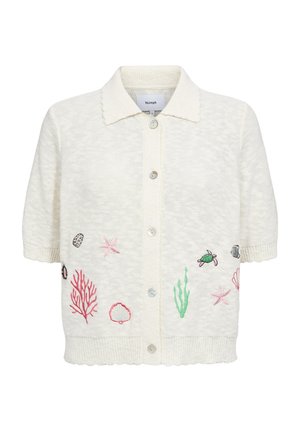 Weißer Kurzarm-Cardigan mit Kragen und Knopfleiste vorne, mit besticktem Meeresleben, darunter Seesterne, Muscheln, Korallen und eine Schildkröte.