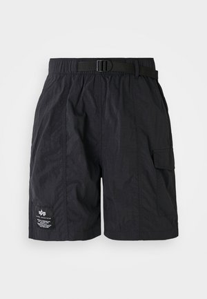 Black cargo shorts made of lightweight fabric. Features an elastic waistband with a belt, side pocket, and a logo patch on the left leg.