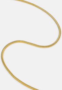 Collana serpentina in tono dorato con segmenti lisci e flessibili che creano un design a linea ondulata, riflettendo la luce con una finitura lucida.