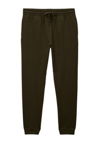 Pantalons de survêtement vert foncé en coton doux. Dotés d'une taille élastique avec cordon de serrage, de poignets resserrés et d'une texture lisse.