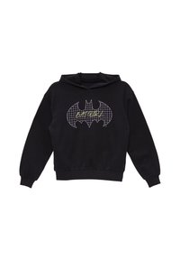 Zwarte hoodie met een groot grafisch ontwerp van het Batman-logo in witte rasterlijnen en "BATGIRL" in felgele tekst. Zacht stof.