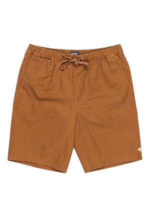 Brown swim shorts made of lightweight fabric, featuring an elastic waistband with a drawstring, and a small logo tag on the lower side.