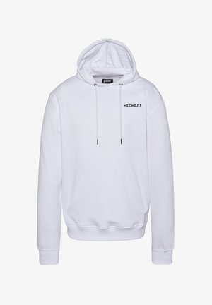 Felpa bianca in cotone con tasca a marsupio frontale, cappuccio con cordino e testo del logo nero sulla parte superiore sinistra. Texture liscia, vestibilità standard.