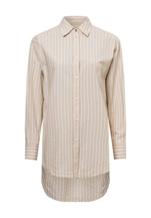 Beige long-sleeve button-up shirt with white vertical stripes, a collar, cuffs with stripes, and slightly curved hem.