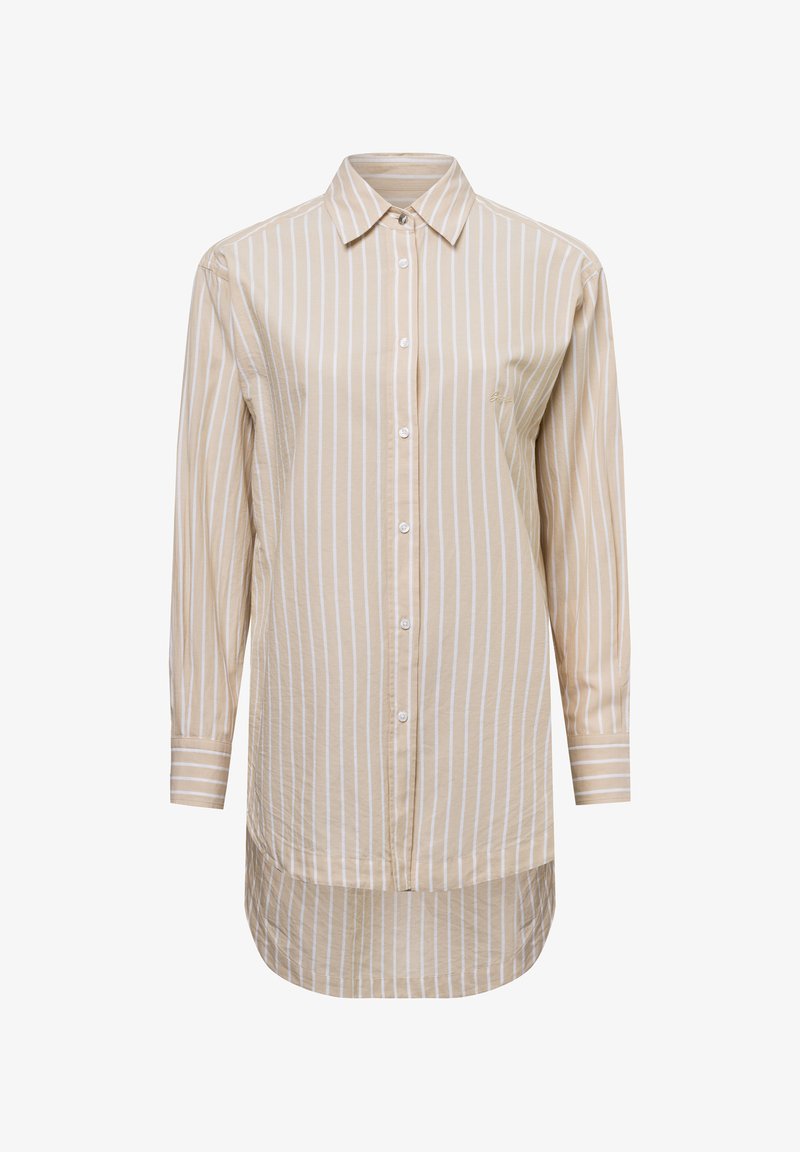 Beige long-sleeve button-up shirt with white vertical stripes, a collar, cuffs with stripes, and slightly curved hem.
