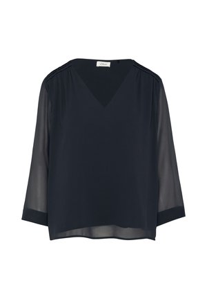 Blouse transparente bleu marine avec un décolleté en V, des manches trois quarts et des détails froncés aux épaules. Texture lisse et coupe décontractée.