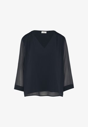 Navy blue, sheer blouse with a V-neck, three-quarter sleeves, and gathered shoulder details. Smooth texture and relaxed fit.