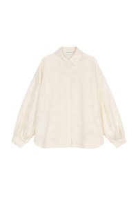 Camicia a maniche lunghe di colore chiaro in un tessuto morbido, con colletto classico, chiusura con bottoni e polsini arricciati. Motivo sottile su tutta la superficie.