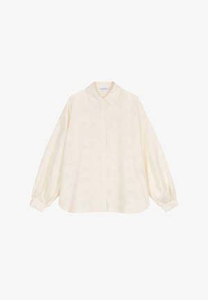 Dolga rokava, svetla srajca iz mehkega materiala, ki ima klasičen ovratnik, gumbasto zapiranje spredaj in nabirane manšete. Fin vzorec po celotni srajci.