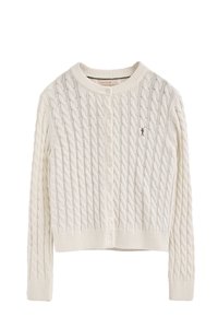 Cremefarbener Cardigan mit Zopfmuster, rundem Ausschnitt, Knopfverschluss sowie gerippten Bündchen und Saum. Mit kleinem Logo auf der linken Seite.